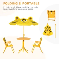 Outsunny Kids 4-Piece Garden Set Tiger Design - Round Table + 2 Folding Chairs + Parasol - Epoxy Metal Oxford Yellow(m-4)