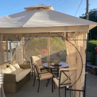 Outsunny 3 x 3(m) Garden Gazebo Patio Party Tent Shelter Outdoor Canopy Double Tier Sun Shade Metal Frame Netting, Beige(m-10)