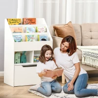 HOMCOM Kids Bookshelf, Toy Organiser, with Storage Drawer, Wheels - White(m-2)
