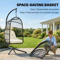 Outsunny Hanging Egg Chair, Indoor Outdoor Hammock Swing Chair with Stand, Safety Strap, Foldable Basket, Black/Cream White(m-5)