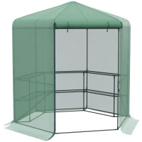 Outsunny Invernadero de Jardín Hexágono 194x194x215 cm Vivero Casero con 6 Estantes Puerta Enrollable y Marco de Acero Galvanizado para Cultivos Plantas Macetas Flores Verde(m-1)