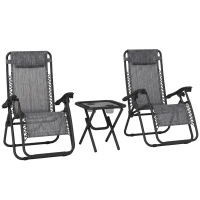 Outsunny 3pcs Folding Zero Gravity Chairs Sun Lounger Table Set w/ Cup Holders Reclining Garden Yard Pool, Light Grey(m-12)