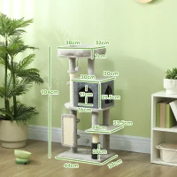PawHut Albero per Gatti Multilivello Alto 104 cm con Casetta, Lettino, Pali Tiragraffi, Spazzola e Pallina, Grigio(m-3)