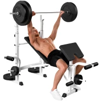 HOMCOM Banco de Musculación Inclinable con Soporte para Barra Ajustable Extensión de Piernas y Curl de Predicador para Gimnasio(m-10)