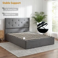 HOMCOM Double Bed Frame Gas End Lift Under Bed Storage Upholstered Platform Bed Tufted Headboard for 140 x 190 cm Mattress(m-7)