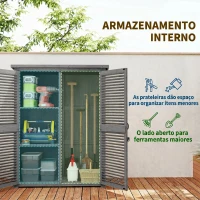Outsunny Armário de Jardim 0,83 m² 127x65x168 cm com 2 Portas de Persiana 2 Estantes e Telhado Impermeável Cinza(m-4)