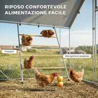 PawHut Recinto per Galline da 6m² per 6-8 Animali con Tetto Impermeabile, Mangiatoia e Posatoio, 3x2x1.9m, Argento(m-5)