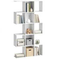 HOMCOM 5-Tier Bookshelf, S Shaped Geometric Bookcase with 15 Compartments, White Wood Effect(m-10)