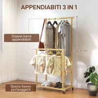 HOMCOM Stender Appendiabiti con 2 Barre, Ripiano Inferiore e 4 Ruote in Bambù, 80x40x160 cm, Legno Naturale(m-4)