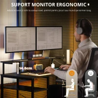 HOMCOM Birou în formă de L cu Stație de Încărcare, pentru calculator cu Suport pentru Monitor și Rafturi, Negru(m-4)