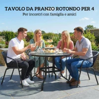 Outsunny Tavolino da Giardino Rotondo con Foro per Ombrellone, in Metallo e Vetro Temperato, Ø96.5x71 cm, Nero(m-6)