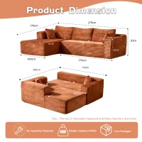 Kompressions-Sofagarnitur mit bequemer Chaiselongue, knochenloses L-förmiges Sofa mit tiefem Sitz, minimalistische modulare Sofas zum Schlafen für Wohnzimmer, Schlafzimmer, Apartment, Lounge, Cord, Braun(m-3)
