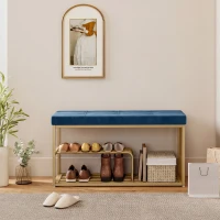 HOMCOM Bench and Shoe Storage, Tufted Shoe Storage Bench with Velvet Seat Cushion Gold Steel Frame for Entryway, Dark Blue(m-8)