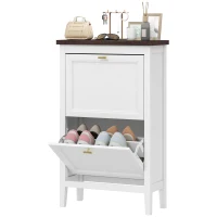 HOMCOM Shoe Cabinet with 2 Flip Drawers, Farmhouse Narrow Shoe Storage Cabinet with Adjustable Shelves, White(m-11)