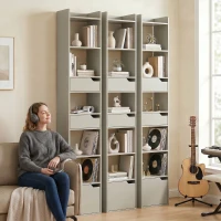 HOMCOM Bookcase Tall Narrow with 5 Tiers and Drawers Freestanding Bookshelf Storage Cabinet for Living Room Grey(m-9)