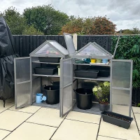 Outsunny 80 x 47 x 138 cm Polycarbonate Greenhouse with Adjustable Shelves Double Doors Openable Top Covers Garden for Flower Vegetable Plants Grey(m-8)