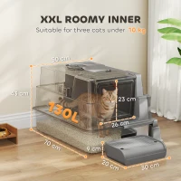PawHut Litieră XXL din oțel inoxidabil 130 L cu capac rabatabil 180°, pereți înalți, lopățică, pedală 70x50x43cm Gri(m-3)