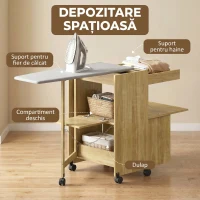HOMCOM Dulap Masă de Călcat Rabatabilă cu Roți și Suport pentru Fier de Călcat, Dulap Multifuncțional cu Rafturi, Compartiment Deschis, pentru Spălătorie, Baie, 154x55x87 cm, Lemn Natural(m-5)