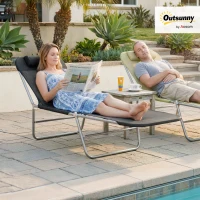 Outsunny Outdoor Foldable Sun Lounger, Garden 6 Level Adjustable Backrest Recliner Sun Lounger Chair with Headrest Pillow, Black(m-2)