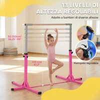 HOMCOM Barra da Ginnastica Artistica per Bambini 3+ Anni con Altezza Regolabile 92-150 cm, in Acciaio e Legno Massello di Faggio, Sbarra Orizzontali Danza Attrezzatura Palestra Antiscivolo, Rosa(m-4)