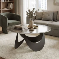 HOMCOM Coffee Table Sintered Stone Top Adjustable Foot Pads Modern Centre Table for Living Room Brown and Black(m-9)