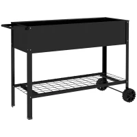Outsunny Raised Garden Planter on Legs dim. 109L x 39l x 80H cm Shelf 2 Wheels + Irrigation Insert Metal Black(m-1)