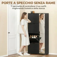 HOMCOM Scarpiera Moderna con Specchio, 4 Cassetti a Ribalta, Capacità Fino 16 Paia di Scarpe, Nero(m-4)
