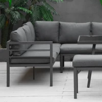 Outsunny 4 Piece L-shaped Garden Furniture Set 8-Seater Aluminium Outdoor Dining Set Conversation Sofa Set w/ Bench, Dining Table & Cushions, Grey(m-8)