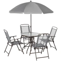 Outsunny 6 Piece Patio Dining Set with Umbrella, 4 Folding Dining Chairs & Round Tempered Glass Table for Garden, Backyard and Poolside, Grey(m-10)