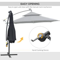 Outsunny 3(m) Cantilever Banana Parasol Hanging Umbrella with LED Solar lights, Crank, 8 Sturdy Ribs and Cross Base for Outdoor, Garden, Patio, Black(m-5)