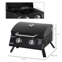 Outsunny Barbecue gaz de Table transportable Pieds Pliables - 2 brûleurs 5 KW - Barbecue gaz de Camping - Grille de Cuisson, réceptacle Graisse, thermomètre - Acier de Qualité Alimentaire Noir(m-3)