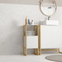 HOMCOM Meuble de rangement pour salle de bain avec cadre en bambou, étagère ouverte et porte à ouverture par pression, blanc(m-10)