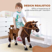 HOMCOM Cavallo a Dondolo per Bambini 2+ Anni con Nitrito, Sella e Staffe, in Peluche e Metallo, 85x28x60 cm, Marrone(m-4)
