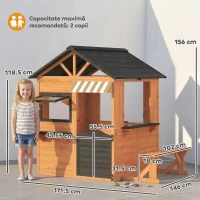 AIYAPLAY Căsuță de Grădină pentru Copii din Lemn de Brad, Căsuță pentru Exterior cu Bucătărie, 4 Ferestre, Ușă Parțială, Bancă, Raft și Acoperiș, pentru Copii 3-8 Ani, 171.5x146x156 cm, Maro(m-3)