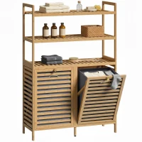 HOMCOM Estantería de Baño de Bambú con 2 Cestos para Ropa Sucia Inclinables 38,7 L y 3 Estantes 80x30x118 cm Roble(m-10)