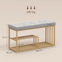 HOMCOM Bench and Shoe Storage, Tufted Shoe Storage Bench with Velvet Seat Cushion Gold Steel Frame for Entryway, Grey(m-3)