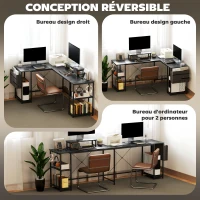 HOMCOM Bureau d'angle modulable réversible 168-240 cm style industriel - étagère réglable, sac de rangement, support d'écran(m-5)