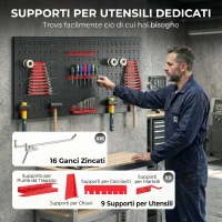HOMCOM Set 3 Pannelli Porta Attrezzi da Parete in Acciaio con 9 Supporti e 16 Ganci, Nero e Rosso(m-5)
