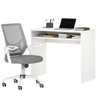 HOMCOM Home Office Furniture Set, Modern Computer Desk with Storage Shelf and Ergonomic Mesh Chair with Flip-Up Arms, Lumbar Support, Adjustable Height, Swivel Wheels, White and Grey(m-11)