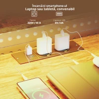 HOMCOM Birou de gaming în formă de L cu priză integrată, iluminare LED, 4 sertare, suport monitor 155x110x91,4 cm Maro(m-5)