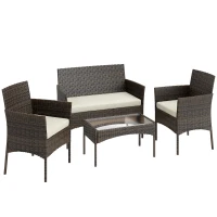 Outsunny Conjunto de Jardim em Vime com Almofadas Móveis de Exterior com 2 Poltronas Sofá de 2 Lugares Mesa com Vidro Marrom e Bege(m-1)