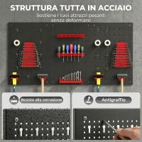 HOMCOM Set 3 Pannelli Porta Attrezzi da Parete in Acciaio con 9 Supporti e 16 Ganci, Nero e Rosso(m-4)