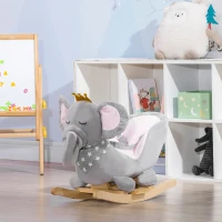 HOMCOM Kids Elephant-Designed Rocking Horse, with Safety Belt, Wooden Base, for Ages 18-36 Months - Grey(m-8)