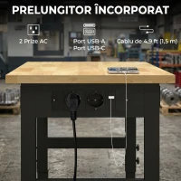 HOMCOM Masă de Lucru Reglabilă 122 cm, Blat Robust din Lemn de Cauciuc, 2 Prize AC și 2 Porturi USB, Panou Perforat, Capacitate 900 kg, pentru Garaj, Atelier și Casă(m-5)