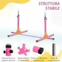 HOMCOM Barra da Ginnastica Artistica per Bambini 3+ Anni con Altezza Regolabile 92-150 cm, in Acciaio e Legno Massello di Faggio, Sbarra Orizzontali Danza Attrezzatura Palestra Antiscivolo, Rosa(m-6)