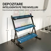 SPORTNOW Suport pentru Greutăți de Sală Acasă cu 3 Niveluri, Raft Reglabil din Oțel, Suport pentru Ganterele și Kettlebell-uri, Economisitor de Spațiu pentru Sală de Acasă, Capacitate 200 Kg, Negru(m-4)