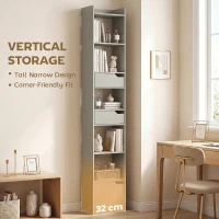HOMCOM Bookcase Tall Narrow with 5 Tiers and Drawers Freestanding Bookshelf Storage Cabinet for Living Room Grey(m-4)