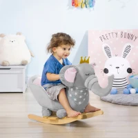 HOMCOM Kids Elephant-Designed Rocking Horse, with Safety Belt, Wooden Base, for Ages 18-36 Months - Grey(m-2)