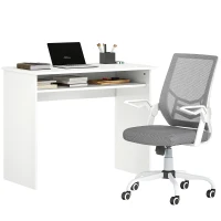 HOMCOM Home Office Furniture Set, Modern Computer Desk with Storage Shelf and Ergonomic Mesh Chair with Flip-Up Arms, Lumbar Support, Adjustable Height, Swivel Wheels, White and Grey(m-10)