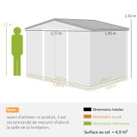 Outsunny Abri de jardin 5,4 m² 2,77 x 1,95 x 1,92 m kit de fondation porte coulissante ventilations tôle acier, gris clair(m-3)